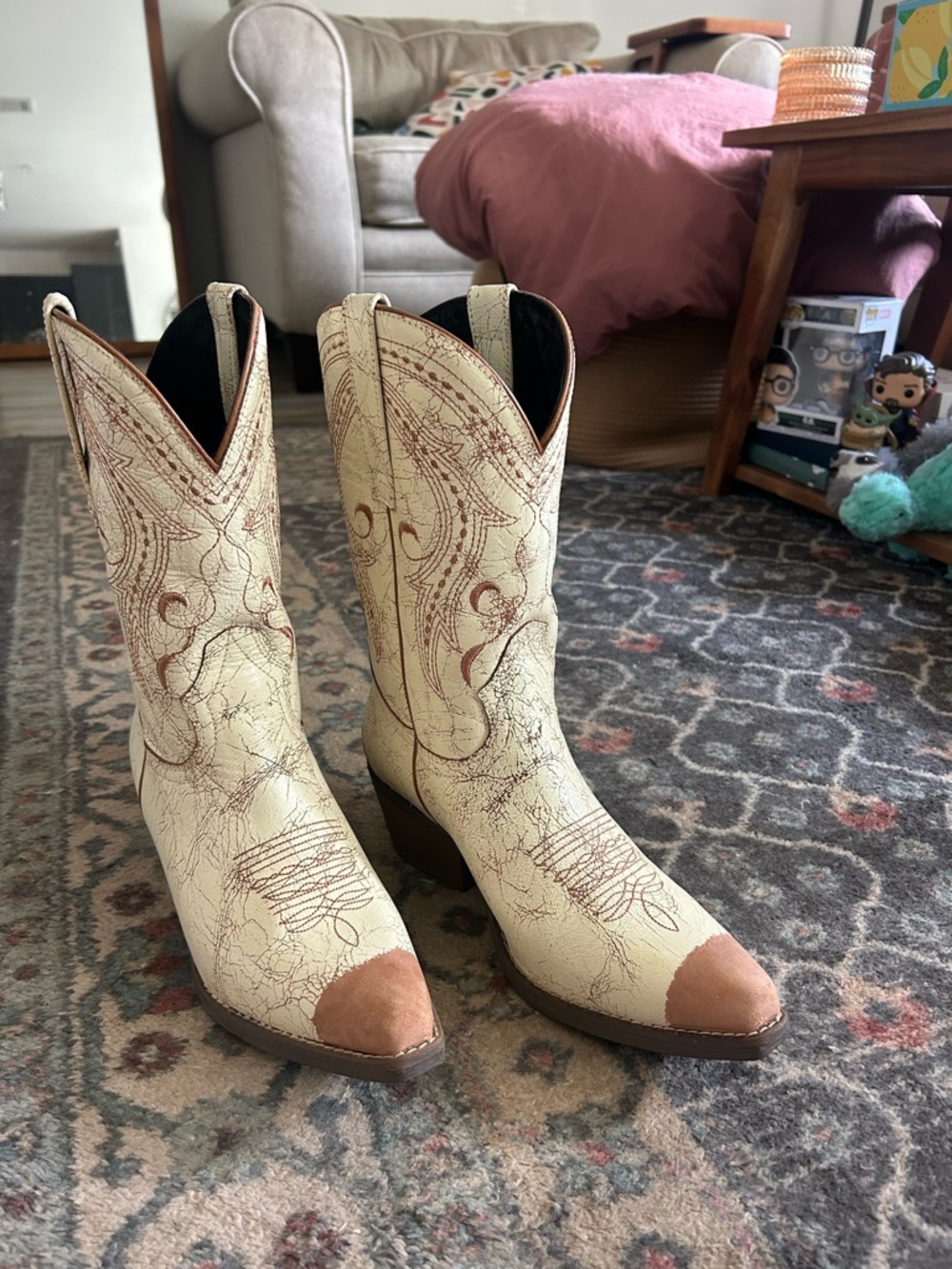 Western-Inspired Cream and Tan Women's Cowboy Boots